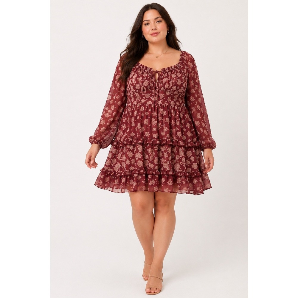 Arula Floral Tiered Mini Dress Women 0X Burgundy Pink Cottagecore Romantic Boho